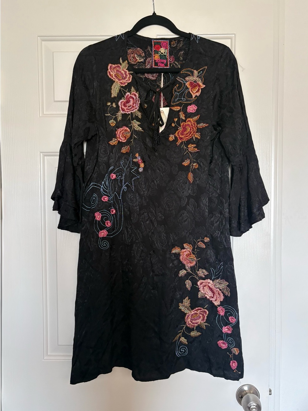 Johnny Was Black Ruffle Floral Embroidered  Dress ✨NWT Sz Small